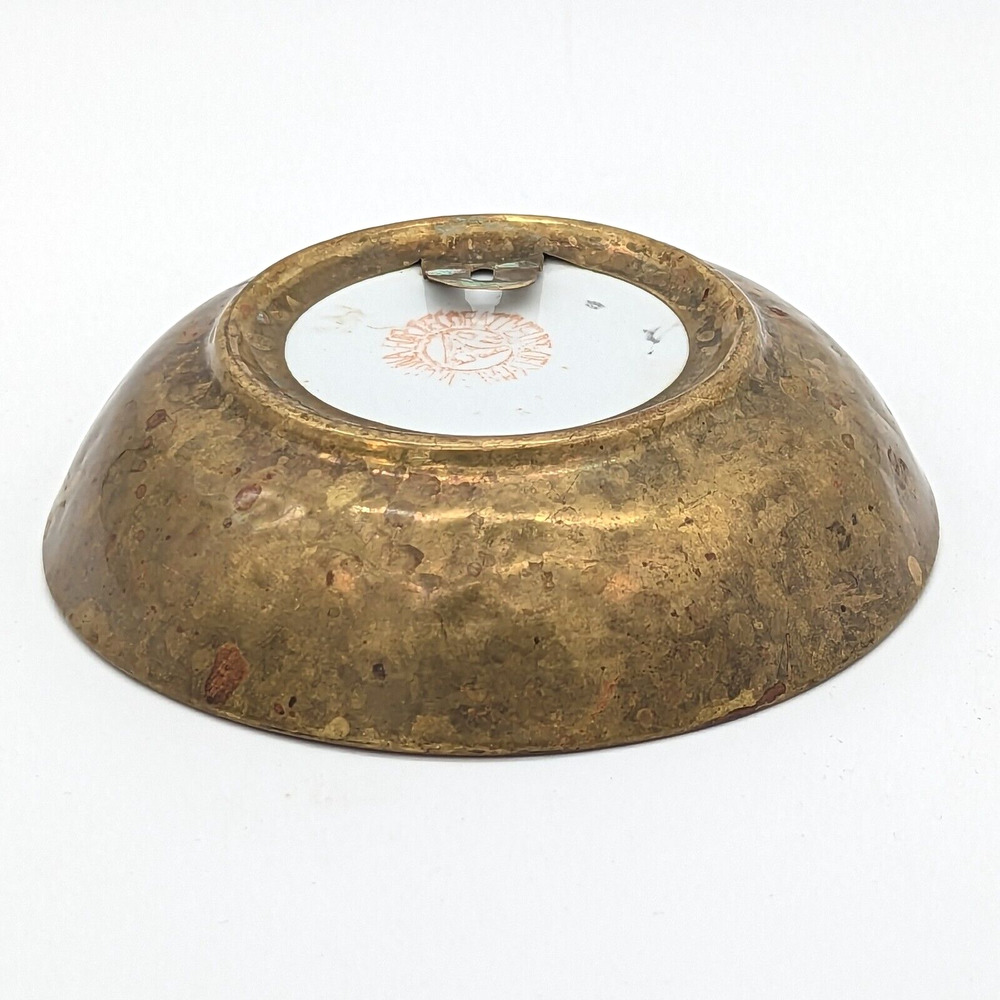 Porcelain Brass Cased Bowl Hand Painted Chinese Floral w Birds Black 1930-1940 - Picture 7 of 8